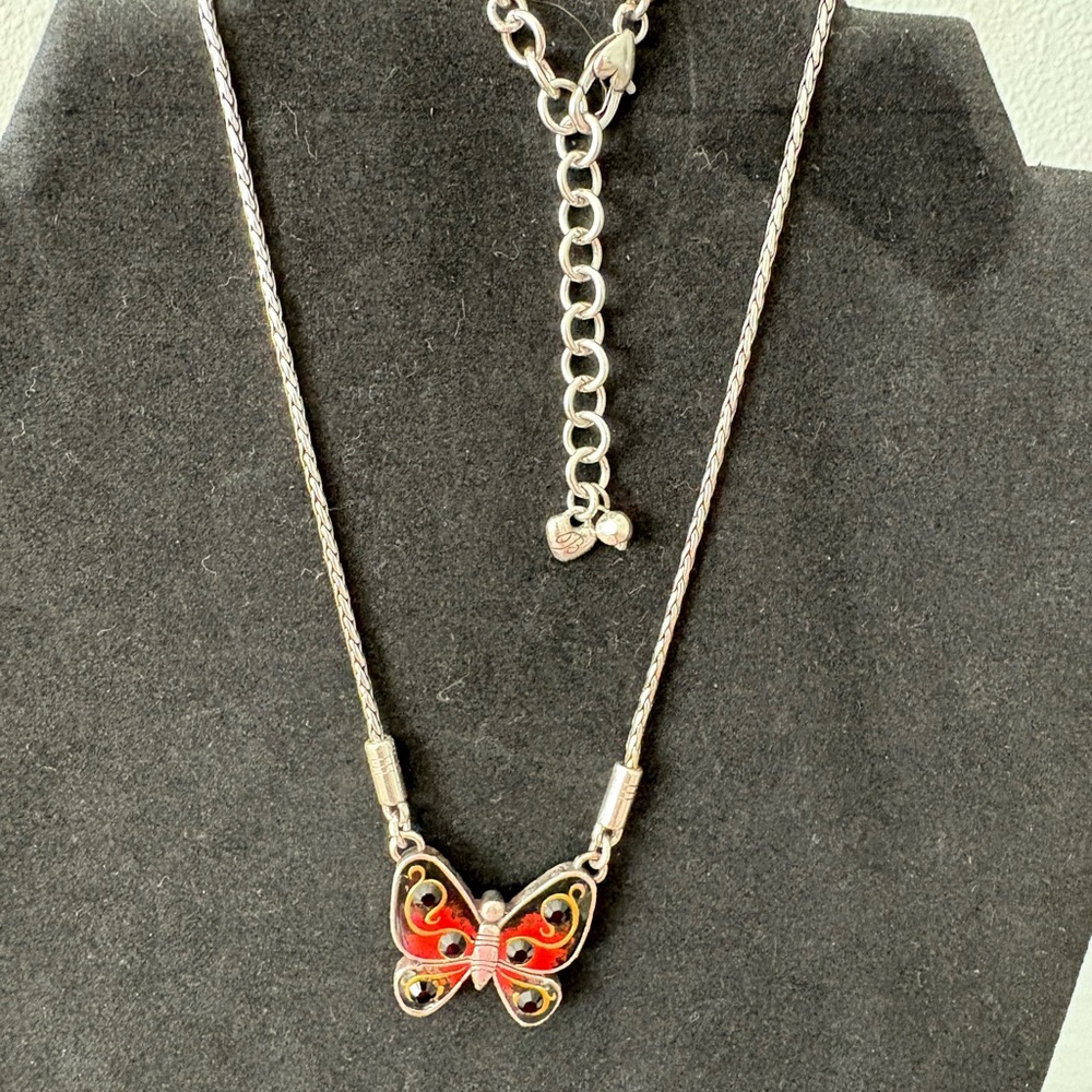 Brighton Silver Necklace with reversible Red/Black, Gold/Pink Butterfly Pendant